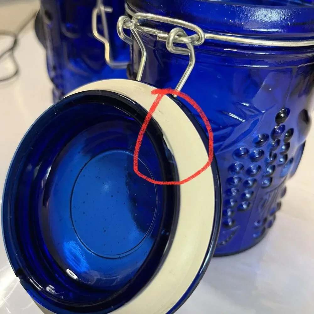 Vtg Cobalt Blue Glass Canister Jar Set (2) Hinged Wire Bail 6” Fruit Design READ